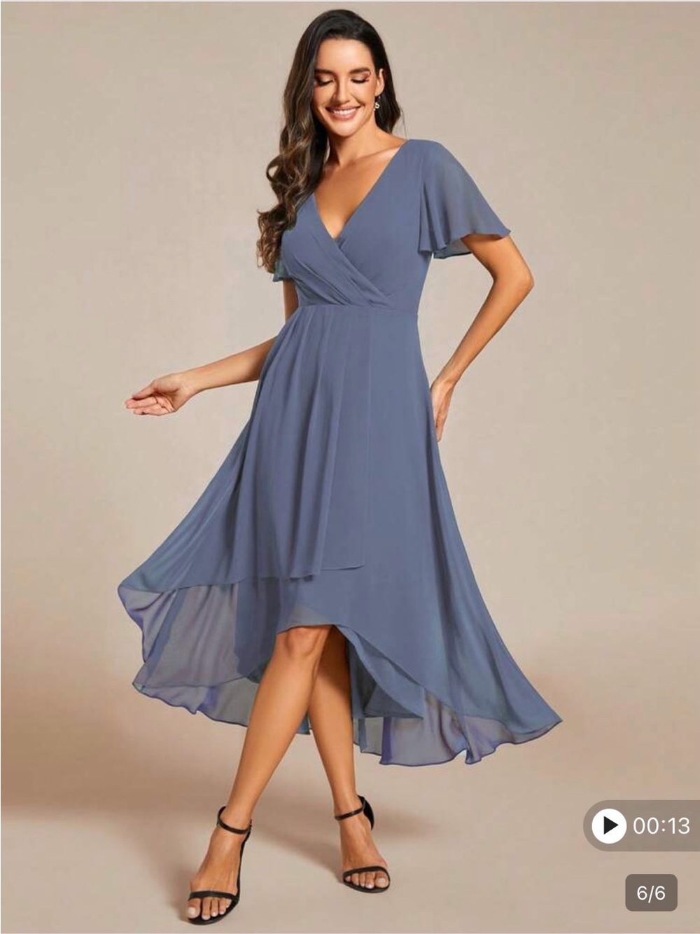 Chiffon V-Neck High-Low Dress in Dusty Blue